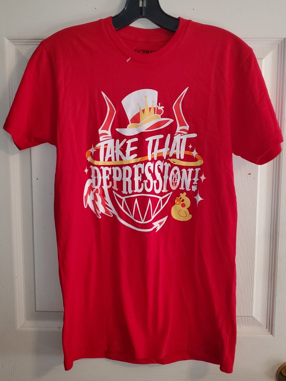 NWOT Hot Topic Hazbin Hotel Take That Depression Quote T-Shirt *Minor Hole